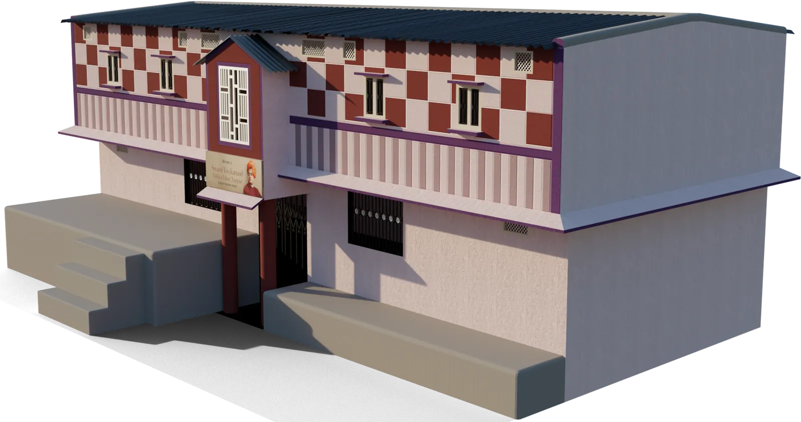 A drawing of the school building in Nanpur: two storeys, a red-and-cream chequered upper floor and the school's name board over the gate